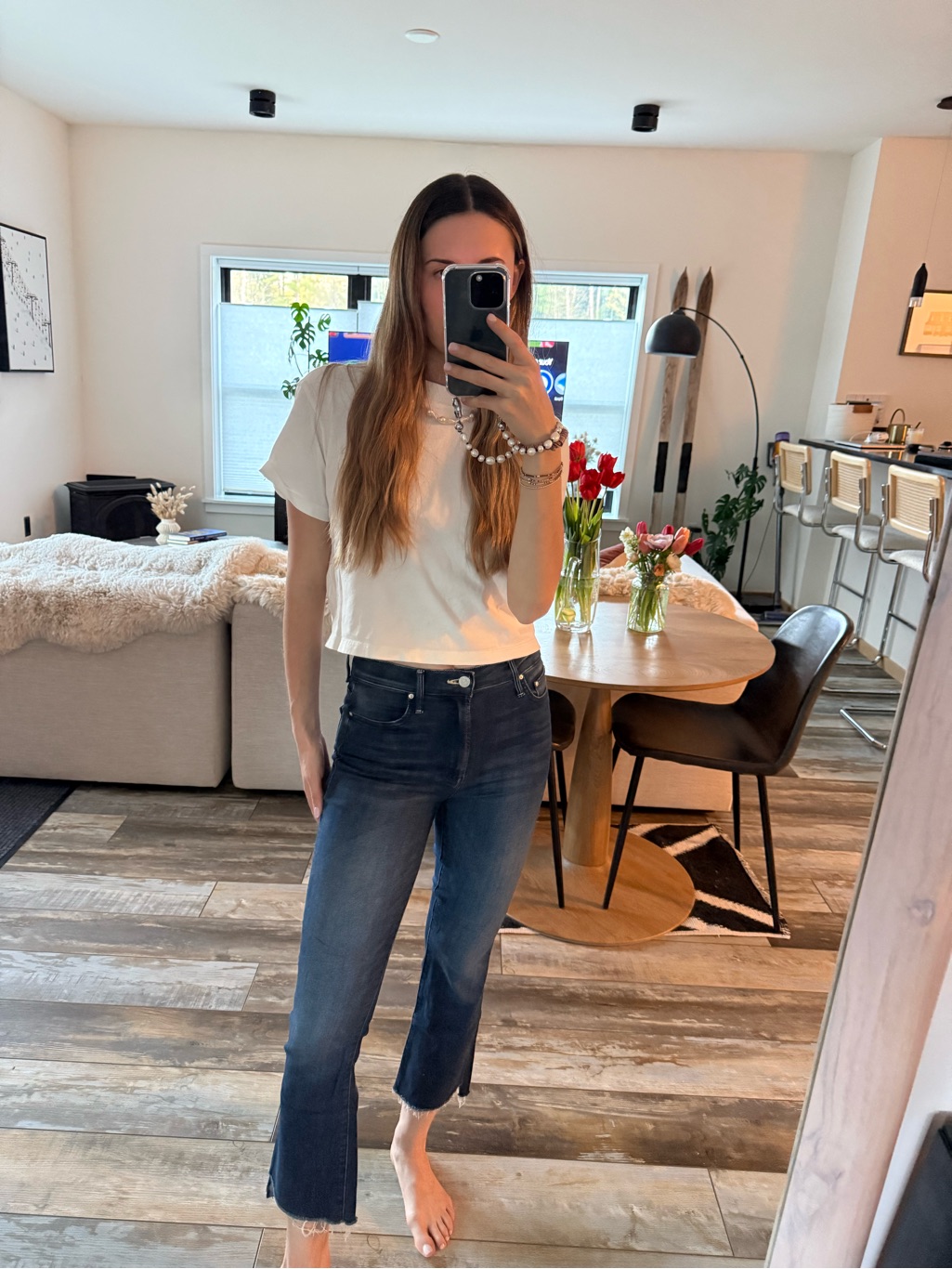Mother Dark Blue Cropped Straight Jeans